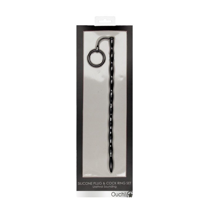 CONJUNTO DE SONDA DE URETRA COM ANEL PENIANO DE SILICONE PRETO OUCH!